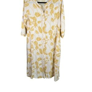 UTSA XXL Viscose Dress‎ Cream Yellow Floral Leaf Print Midi Casual Boho